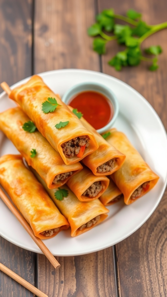 Crispy Ground Pork Egg Rolls in Air Fryer Crispy ground pork egg rolls on a plate with dipping sauce and chopsticks.